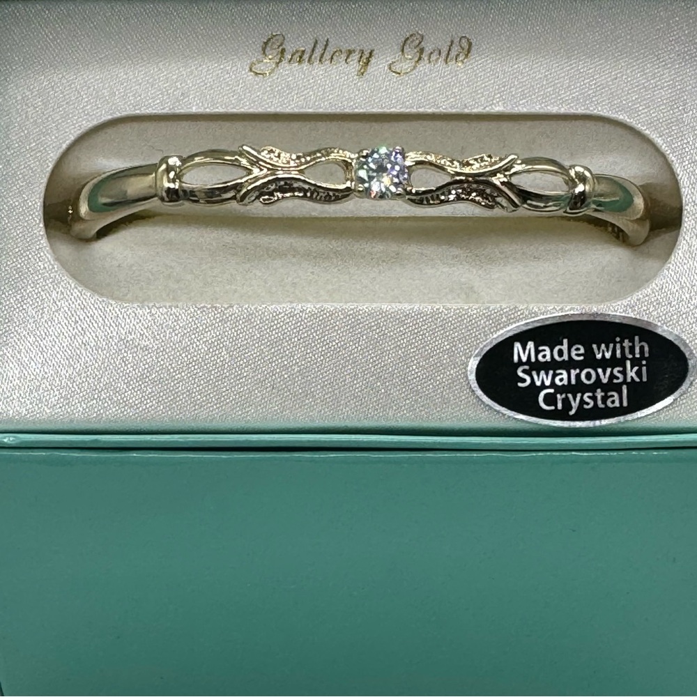 Gold Tone Crystal Hinged Bangle Bracelet Made with Swarovski Crystals